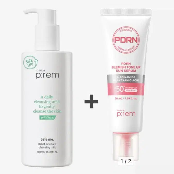 [BUNJANG] Make P:rem Cleansing Milk & Tone-Up Sun Serum Set / [미개봉+덤]클렌징밀크(500ml+100ml)&톤업 선세럼