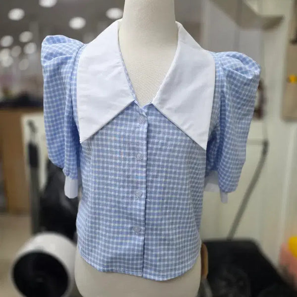 [BUNJANG] Checkered Puff Sleeve Blouse / 체크무늬 퍼프 소매 블라우스