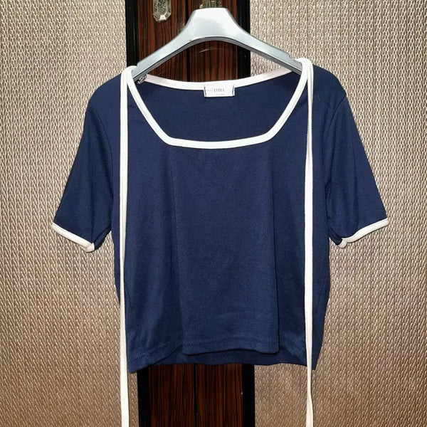 [BUNJANG] Navy Square Neck Ribbon Short Sleeve Blouse / 네이비 스퀘어넥 리본 블라우스 리본 타이 반팔 티셔츠