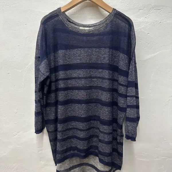 [BUNJANG] Maje Women's Long Sleeve T-Shirt Navy Stripe See-through Rayon Linen Blend Size 55 / 마쥬 여 티셔츠 네이비스트라잎/시스루/인견린넨혼방/긴팔 55