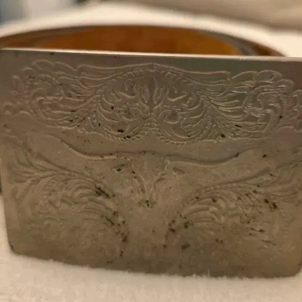 [BUNJANG] Vintage Leather Belt Eagle Pattern Silver Buckle / 빈티지 가죽 벨트