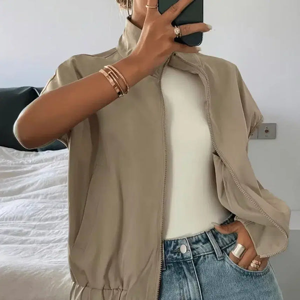 [BUNJANG] Beige Sleeveless Zip-Up Jacket / 베이지색 민소매 집업 자켓.새상품