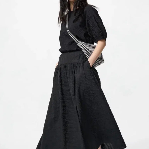 [BUNJANG] Uniqlo Seersucker Volume Blouse and Skirt Set / [셋업]유니클로 시어서커 볼륨 블라우스 스커트 셋업