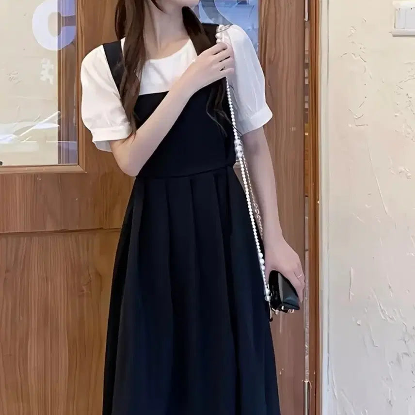 [BUNJANG] Square Neck Flare Long Dress - Black / 여성스런 스퀘어넥 롱 원피스.새상품