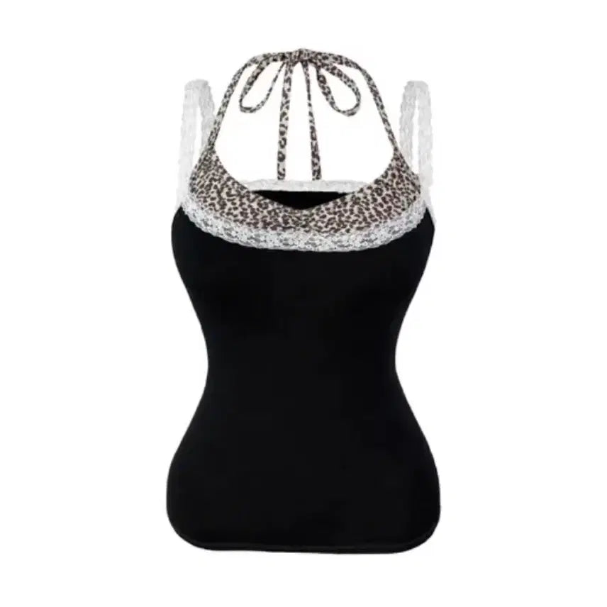 [BUNJANG] Leopard Print Lace Halterneck Tank Top / 에이블리 레오파드 호피 갸루 레이스 배색 홀터넥 나시