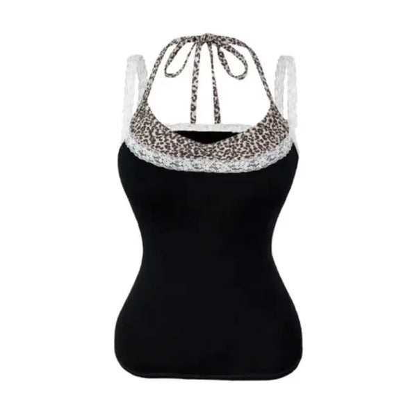 [BUNJANG] Leopard Print Lace Halterneck Tank Top / 에이블리 레오파드 호피 갸루 레이스 배색 홀터넥 나시