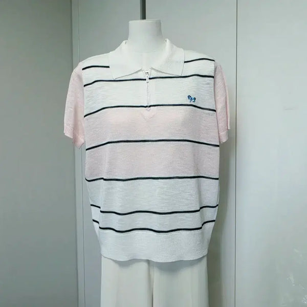[BUNJANG] Stripe Half-Zip Short-Sleeve Knit / 스트라이프 하프집업 반팔 니트