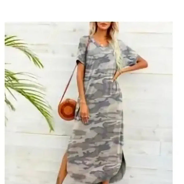 [BUNJANG] Camouflage Pattern V-Neck Long Skirt / 카모플라쥬패턴V넥 롱스커트