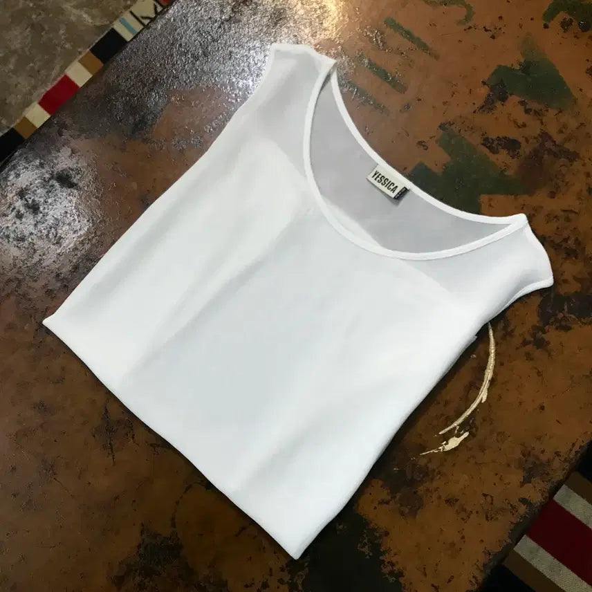 [BUNJANG] Vintage White Sheer Sleeveless Tank Top Women's Size 55 / Vtg 빈티지 화이트 시스루 슬리브리스 나시 티셔츠 여성 55