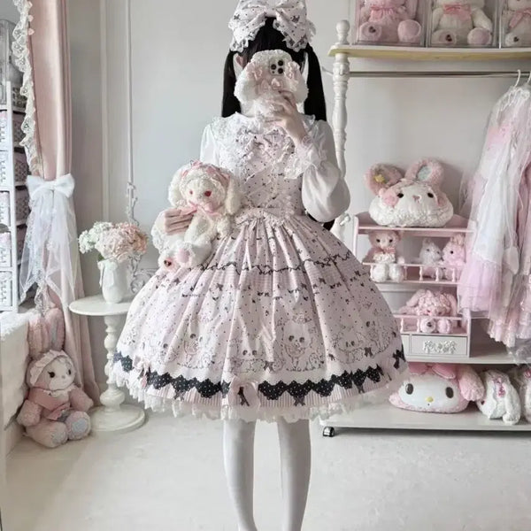 [BUNJANG] Lolita Pink Black Two-Tier Ribbon JSK Dress / 중브 로리타 핑크 블랙 2단리본 강아지 jsk 점스카 원피스 드레스 판매