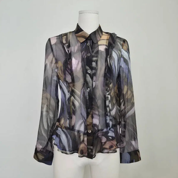 [BUNJANG] Japanese 100% Silk Sheer Frill Blouse / 재팬 실크100 시스루 프릴 블라우스