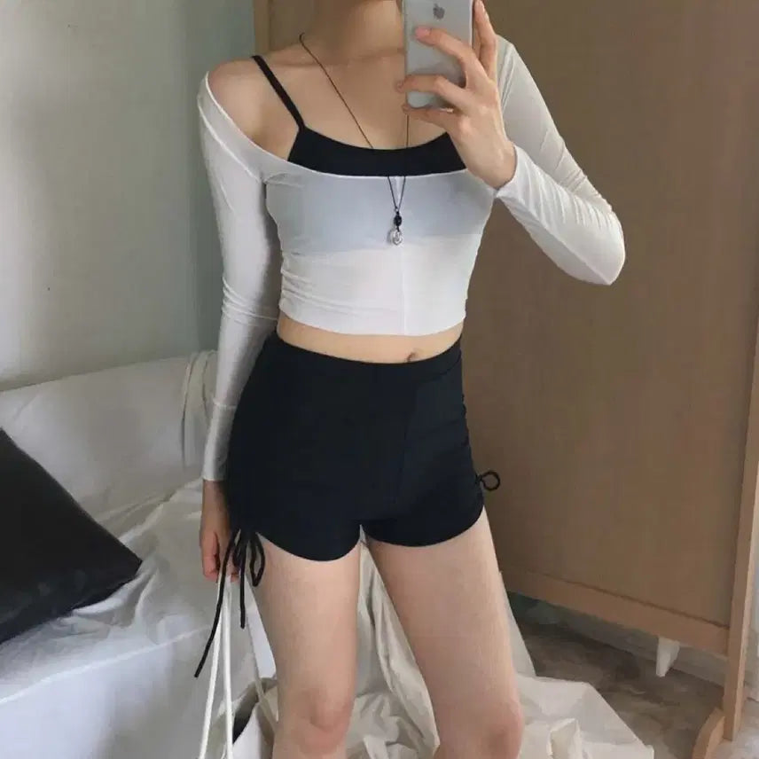 [BUNJANG] 3-Piece Monokini Set with See-through Cover-up Top / 커버업 set - 모노키니