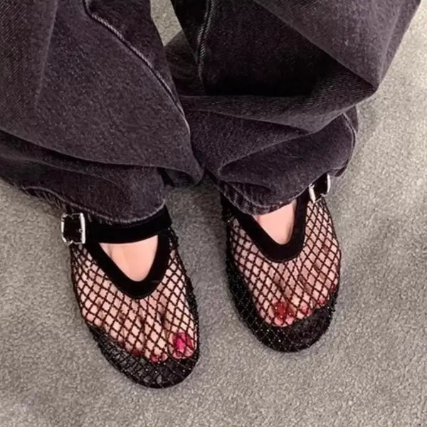 [BUNJANG] Mesh Black Beaded See-through Mary Jane Platform Shoes / 메쉬 블랙 비즈 망사 시스루 메리제인 플랫 슈즈