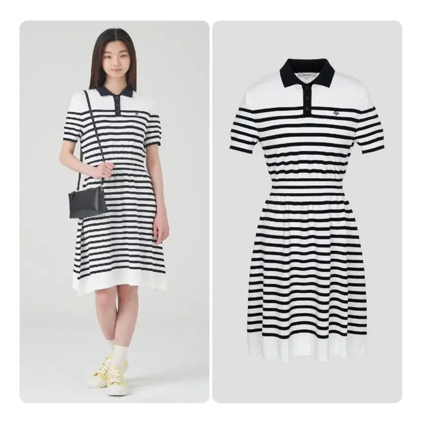 [BUNJANG] Beanpole Ladies Rayon Blend Stripe Knit Dress / 빈폴 레이디스 레이온 혼방 스트라이프 T칼라 니트 원피스 화이트