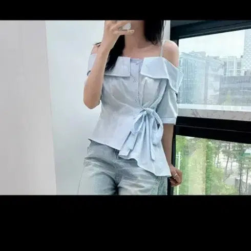 [BUNJANG] Off-Shoulder Ribbon Blouse - Blue / 오프숄더 리본 블라우스 블루 셔츠새거