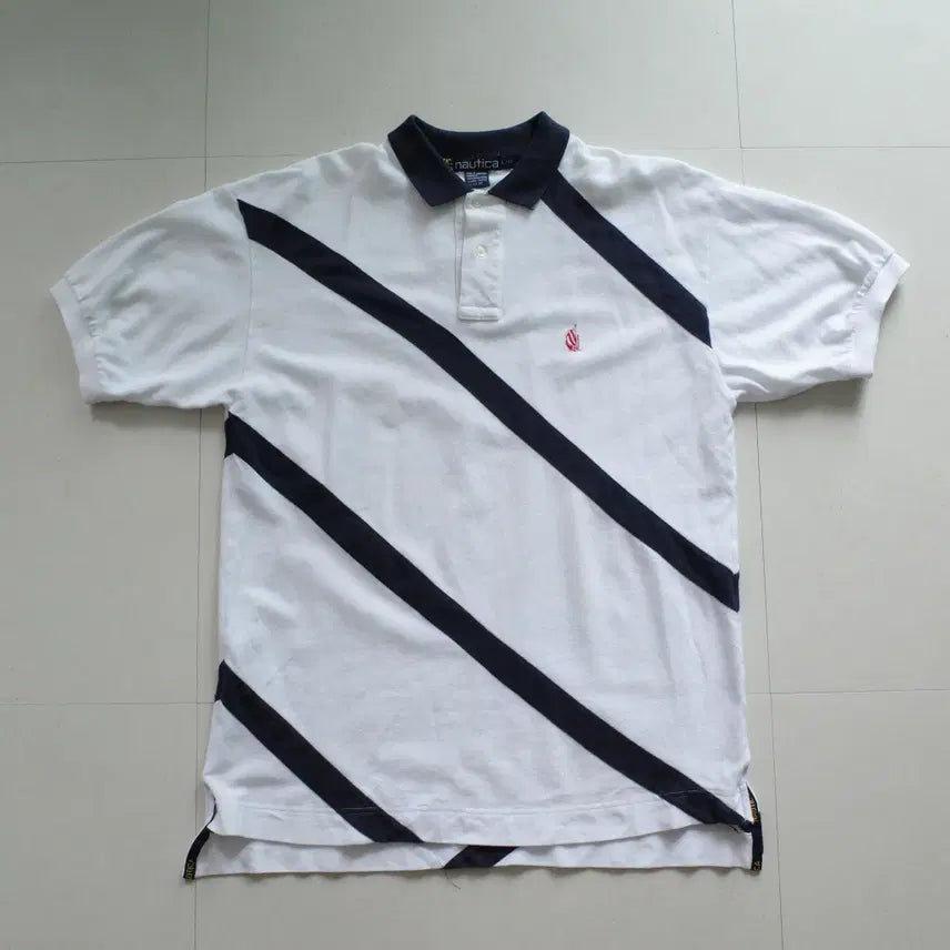 [BUNJANG] Nautica 90s Old School Diagonal Stripe Collar T-Shirt L / 노티카 90s 올드스쿨 사선 스트라이프 카라티 L