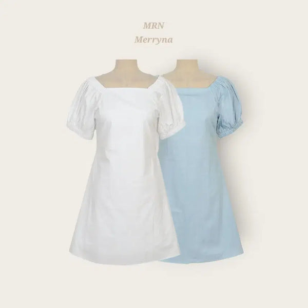 [BUNJANG] Merryna Shirring Puff Sleeve Mini Dress with Back Ribbon / [빠른배송] 셔링 퍼프 뒷리본 원피스 2color