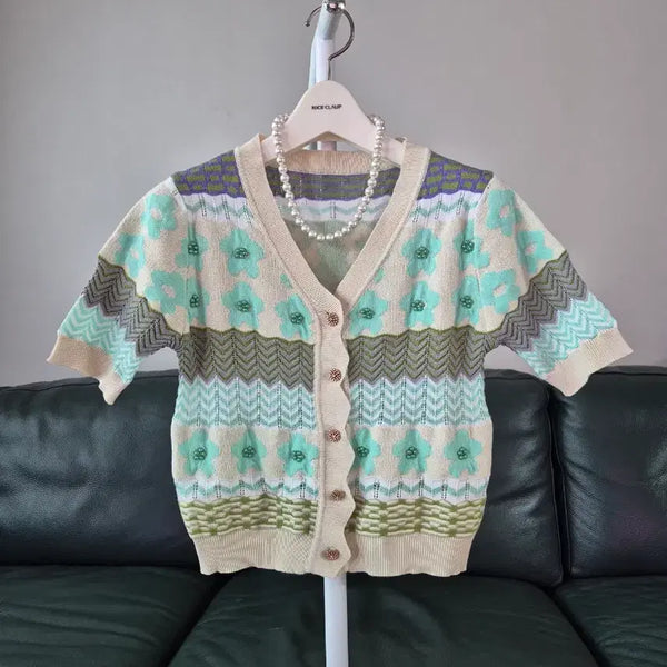 [BUNJANG] ST French Flower Pattern Beaded Knit Cardigan S / 플라워 패턴 비즈장식 니트 가디건 S