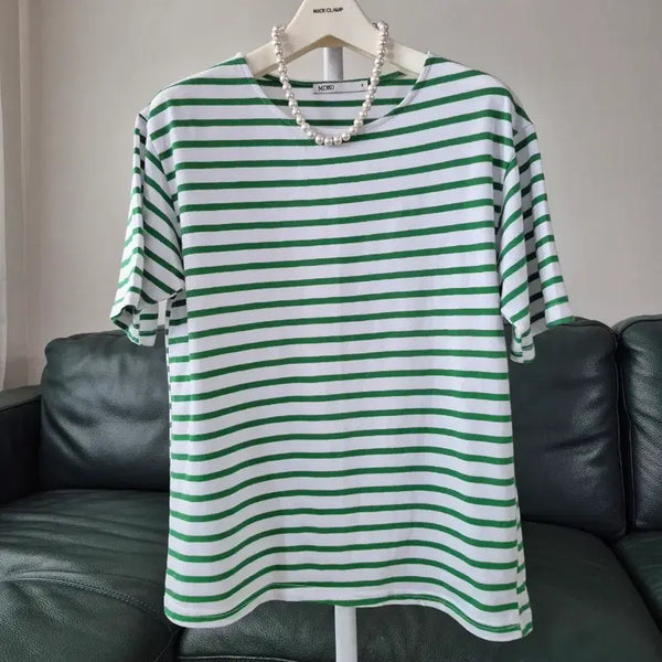 [BUNJANG] MIXXO 100% Cotton Striped T-Shirt Green / 미쏘 면100  단가라 티셔츠 그린 미착용