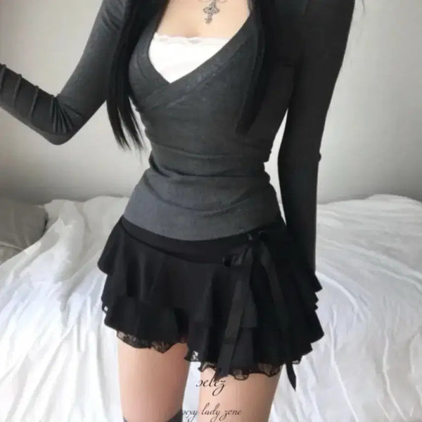 [BUNJANG] Avely Lace Ribbon 2-Tier Ruffle Flare Mini Low Skirt / 에이블리 레이스 리본 2단 캉캉 플레어 미니 로우 스커트