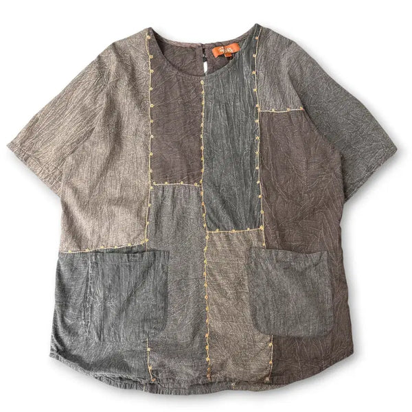 [BUNJANG] Sansaku Linen Patchwork Two-Pocket T-Shirt OS / JPN 산사쿠 모리걸 린넨 패치워크 투포켓 티셔츠 OS