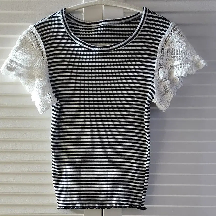 [BUNJANG] Striped Lace Short Sleeve T-Shirt / (새상품) 줄무늬 레이스 반팔 티셔츠
