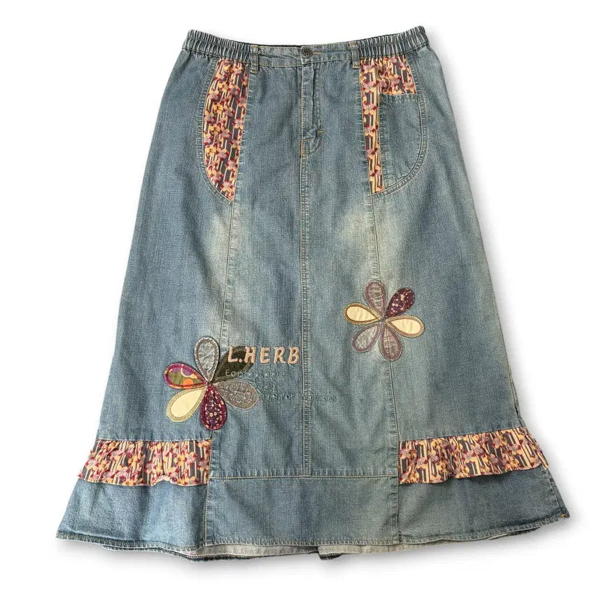 [BUNJANG] Mori Girl Applied Embroidery Denim Long Skirt L / 모리걸 아플리케 자수 데님 롱 스커트 L