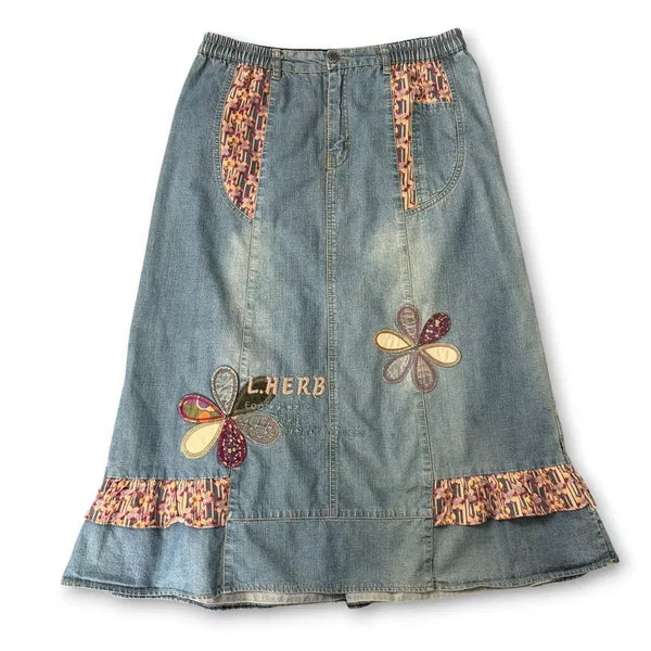 [BUNJANG] Mori Girl Applied Embroidery Denim Long Skirt L / 모리걸 아플리케 자수 데님 롱 스커트 L