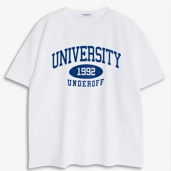 [BUNJANG] Musinsa Oversized Unisex Crewneck University T-Shirt White/Blue / 무신사 오버핏 남녀 공용 크루넥 유니버시티 반팔 티셔츠 화이트블루 S