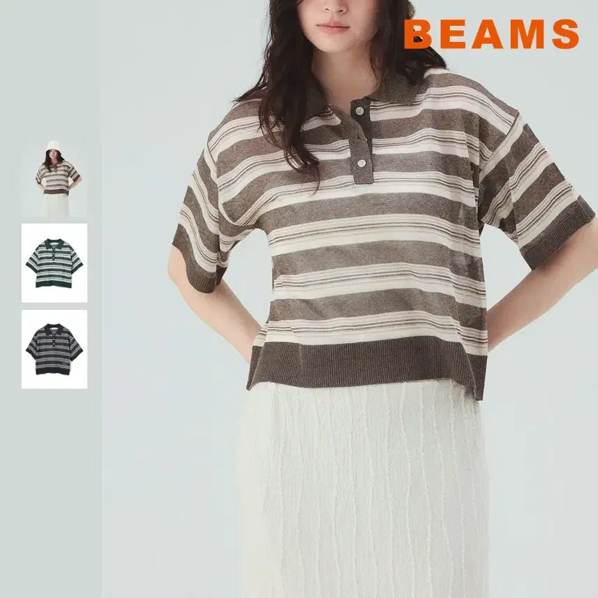 [BUNJANG] BEAMS HEART Sheer Border Knit Polo Shirt / 빔즈 하트 시어 보더 니트 폴로 셔츠