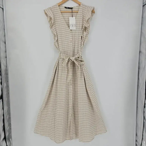 [BUNJANG] Zara Checked Cotton Linen Blend Beige Dress / 자라 체크 코튼 린넨 혼합 베이지 원피스 [G31138]