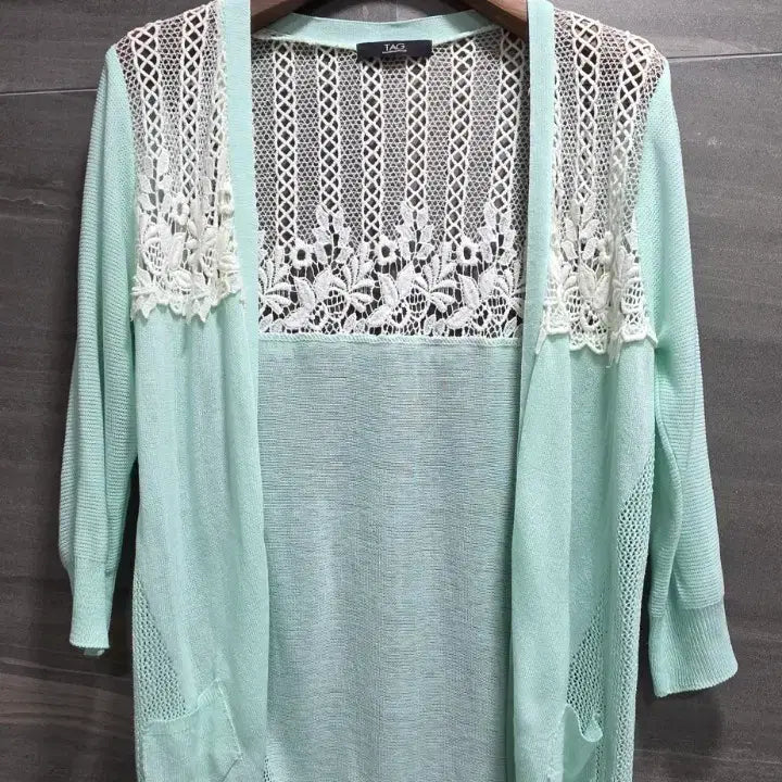 [BUNJANG] Lace Knit Summer Cardigan (Mint Green & Cream) / Tag ,  레이스   메시 짜임  썸머가디건