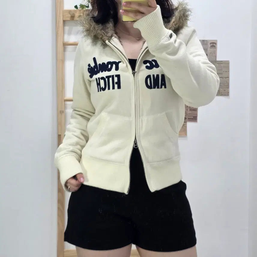 [BUNJANG] Abercrombie & Fitch Two-Way Fur Hooded Zip-Up Jacket - Ivory (M) / [프립]M/딱붙핏 아베크롬비 투웨이 퍼 후드집업 아이보리