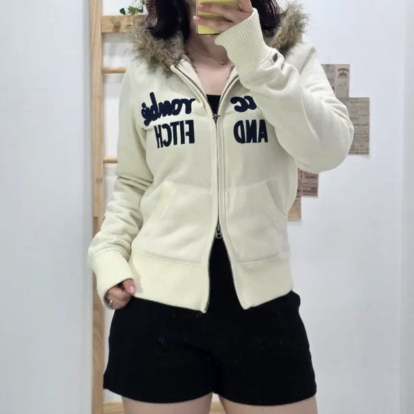 [BUNJANG] Abercrombie & Fitch Two-Way Fur Hooded Zip-Up Jacket - Ivory (M) / [프립]M/딱붙핏 아베크롬비 투웨이 퍼 후드집업 아이보리