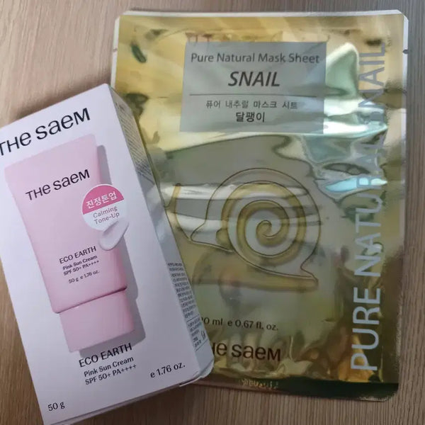 [BUNJANG] The Saem Pink Sun Cream + Snail Mask Sheet Set / 더샘 핑크 선크림 + 달팽이 마스크팩