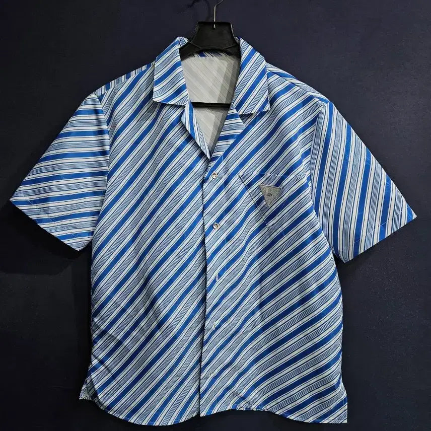 [BUNJANG] 51Percent Striped Ocean Blue Men's Semi-Oversized Half Shirt (Size 95-100) / 51퍼센트 스트라이프 오션블루 남성 세미오버핏 95~100 하프셔츠