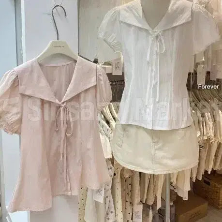 [BUNJANG] Feminine Mori Girl Ribbon Blouse / [빠른발송] 고메 리본 블라우스 페미닌 여름 모리걸러넥 둥근카라 키치 빈