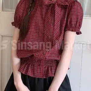 [BUNJANG] Feminine Check Tie Ribbon Shirring Blouse - Red / [빠른발송] 주근깨삐삐블라우스 페미닌 체크 타이 리본 셔링 여름 빈티지
