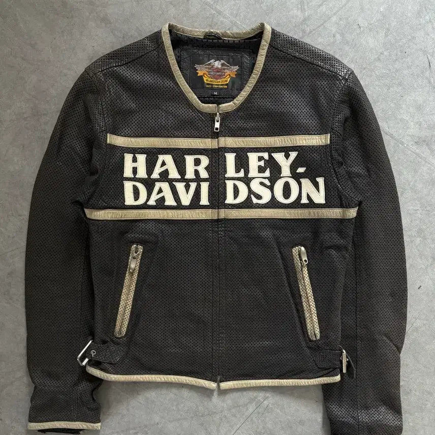 [BUNJANG] Harley-Davidson Black Logo Leather Zip-Up Jacket / Harley-Davidson 할리데이비슨 블랙 로고 레더 집업 자켓