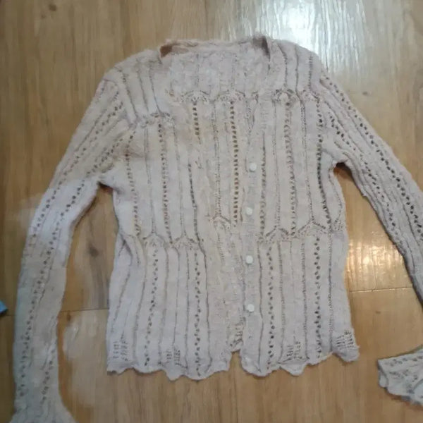 [BUNJANG] Pink Beige Knit Crochet Cardigan (S) / 핑크베이지색 니트 크로쉐가디건/s