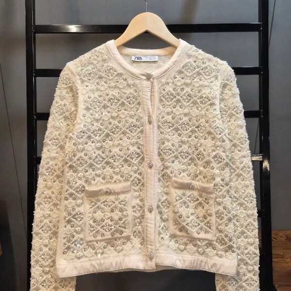 [BUNJANG] Zara Pearl Sequin Tweed Cardigan Ivory Knit Jacket / M 자라 펄 시퀸 트위드 가디건 아이보리 니트자켓 6.5