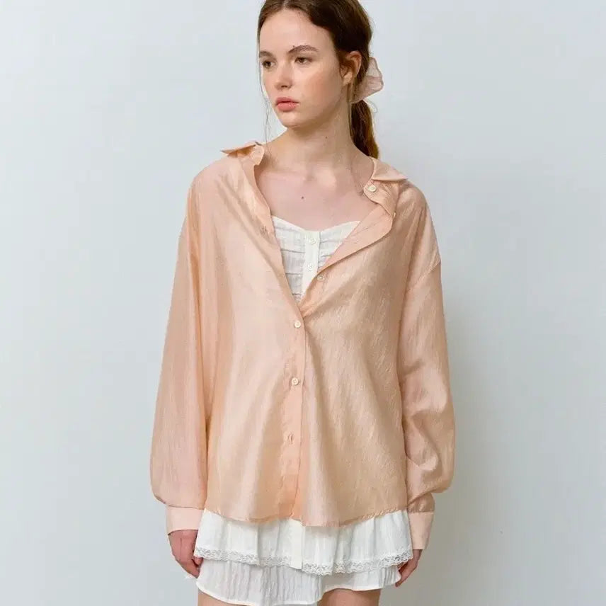 [BUNJANG] Hane Tencel Glow Sheer Shirt [Shy Pink] & Scrunchie Set / 하네 텐셀 글로우 시어셔츠 [Shy Pink /스크런치 SET]