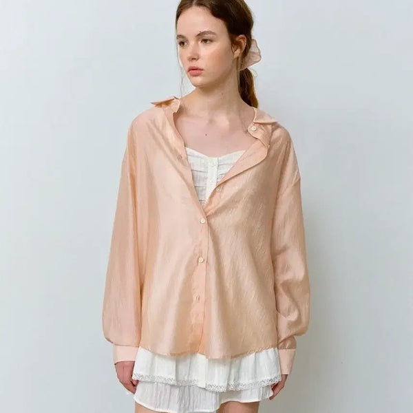 [BUNJANG] Hane Tencel Glow Sheer Shirt [Shy Pink] & Scrunchie Set / 하네 텐셀 글로우 시어셔츠 [Shy Pink /스크런치 SET]
