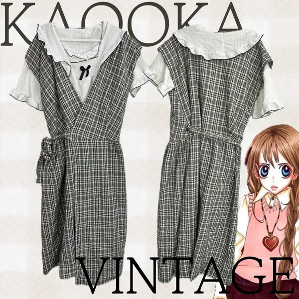 [BUNJANG] Japanese Vintage Layered Frill Blouse and Checkered Dress Coordi Set / 일본빈티지 러블리 소쿌라 체크 원피스 레이어드 프릴 블라우스 코디세트