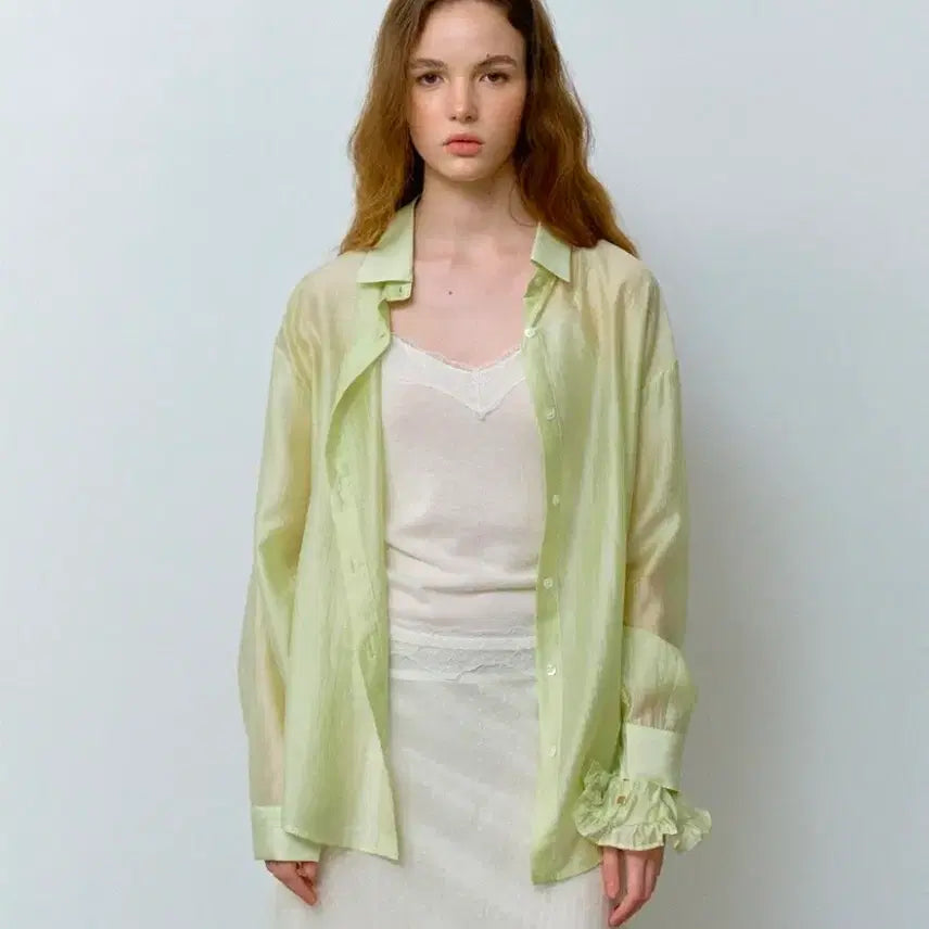 [BUNJANG] Hane Tencel Glow Sheer Shirt [Lime Sorbet/Scrunchie Set] / 하네 텐셀 글로우 시어 셔츠 [Lime Sorbet/스크런치 SET]