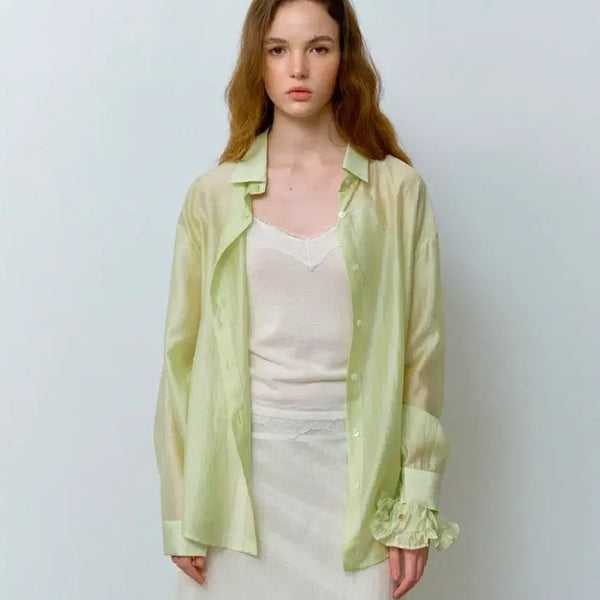 [BUNJANG] Hane Tencel Glow Sheer Shirt [Lime Sorbet/Scrunchie Set] / 하네 텐셀 글로우 시어 셔츠 [Lime Sorbet/스크런치 SET]