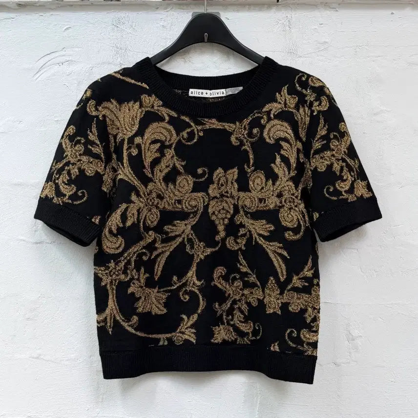 [BUNJANG] Alice + Olivia Ciara Jacquard Knit Crop Short Sleeve Sweater XS / Alice Olivia 자카드 니트 크롭 반팔 스웨터 XS