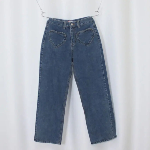 [BUNJANG] Heart Pocket Stitch Wide Denim Pants (Size S) / 하트 포켓 스티치 와이드 데님 팬츠 S