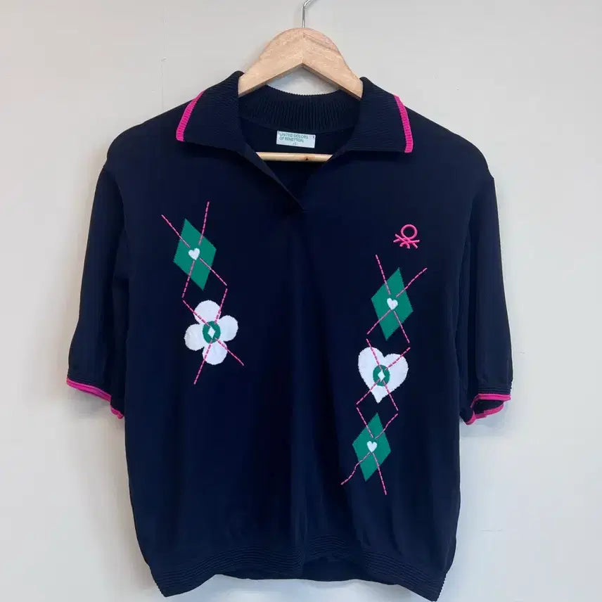[BUNJANG] Benetton Navy Collar Short Sleeve Knit L / 베네통 네이비 카라 반팔 니트 L