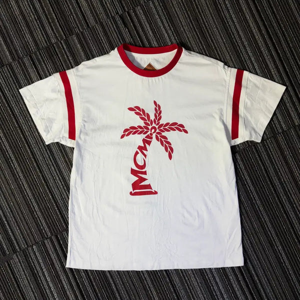 [BUNJANG] MCM White Palm Tree Logo Ringer T-Shirt / 엠씨엠 화이트 야자수 로고 링거 반팔 티셔츠